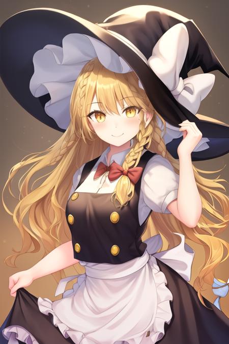 masterpiece, best quality, highres, solo, {kirisame_marisa_touhou:1.10}, blonde_hair, long_hair, hat, witch_hat, bow, yellow_eyes, braid, single_braid, hat_bow, smile, hair_bow, apron, white_bow