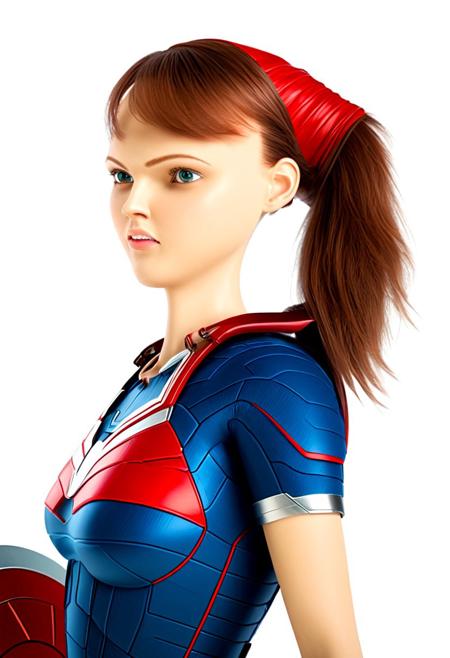 close view, extraordinarily pretty woman dressed as Captain America, powered futuristic outfit, red and blue suit, ponytail, holding  round shield, swept bangs, white background, simple background