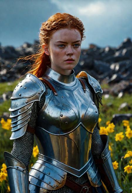 Beautiful Knightess in shiny iron armor, standing on a bloody and stormy battlefield in epic bloody battle, fighting pose, wavy red hair, nice dirty and serious face, fantasy, oily skin, full body, athletic figure, beautiful blue eyes, colorful flowers, 8k, ultra realistic, hyper realistic, highly detailed, curves, beautiful perfect close-up pupils, daylight, fantasy style, high contrast, colorful polychromatic, Beautiful Sadie Sink as Knightess, beautiful firm Breasts, defiant and seductive, wet oily shiny skin, ultra detailed, (Intricately Designed dirty face: 1.3), Cinematic clorful lighting, realistic body and face, Photograph Taken on Nikon D750, Intricate, Elegant, Digital Illustration, Scenic, Hyper-Realistic, Unreal Engine, CryEngine, Octane Render, Artgerm, WLOP, Greg Rutkowski, 8k ultra high resolution concept art, hyper-defined, sharp focus, echoing, (hyperdetailed body and face: 1.3), Atrractive, Atrractive 21 years old woman, attractive bust girl, asymmetric balance