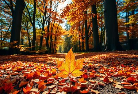 Ultra-realistic depiction of a scenic autumn path, where vibrant orange and red maple leaves cover the ground, amidst towering trees that frame the forest trail. A wide-angle lens captures the vastness, as bright afternoon sunlight casts long shadows across the rustling foliage. A single, perfectly preserved maple leaf lies at the center of the composition, inviting the viewer's eye to rest upon its intricate details.