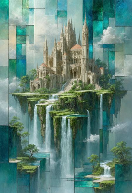 Construct a photorealistic painting of a colossal, floating island metropolis, shattered into stained-glass panels. Multiple perspectives converge to create a breathtaking composition, featuring towering spires, cascading waterfalls, and lush, overgrown gardens rendered as geometric shards emitting a diffused, ethereal light. The color palette utilizes deep emerald, antique gold, and vibrant cerulean, highlighting intersecting lines and fragmented forms. Integrate subtle photorealistic details within each glass shardâthe texture of weathered stone, the movement of cloudsâto create a compelling fusion of abstract geometry and tangible utopian fantasy, evoking a sense of serene beauty and boundless potential.