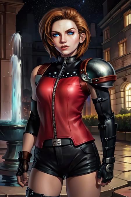 Lian,blue eyes,short hair,brown hair,makeup,scar on left eye,
LiGear,fingerless gloves,armor,zipper,boots,black short shorts,shoulder pads,black gloves, bandaid on knee,
elbow pads,
 upper body,  solo,  standing, science fiction,
town square, fountain,  night, stars, 
(insanely detailed, beautiful detailed face, masterpiece, best quality)   <lora:LianC-10:0.7>