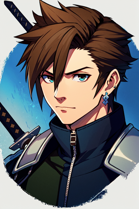 1boy, male focus, solo, brown hair, jewelry, earrings, sword, spiked hair, jacket, pants, portrait, armor, upper body,   closed mouth, keyblade, weapon, Sora, kingdom hearts, final fantasy 7, ((masterpiece))