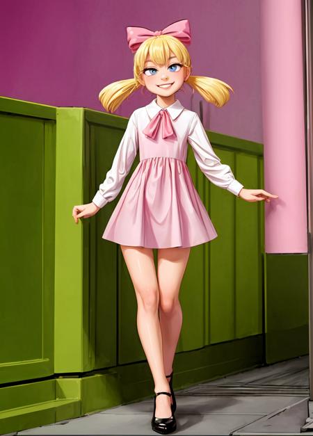 (masterpiece:1.4), (best quality:1.4), (high resolution:1.4), sassy smile, HelgaPataki, twintails, blonde hair, pink ribbon, white shirt, ((pink  lolia dress:1.2)), hair bow, detailed face, detailed eyes, solo, 1 girl, cowbow shot, full body, psychodelic backgorund, pink neon colors <lora:add_detail:1.5> <lora:HelgaPataki:0.8>