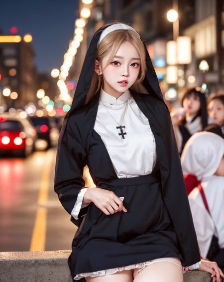 masterpiece, high quality, 8k raw, realistic, realistic eyes, anime, 1girl, nun, outdoors, ((night)), city, traffic, crowd,  look looking at viewer,  <lora:imazey_v10:1> ulzzang-6500-v1.1_2 pureerosface_v1