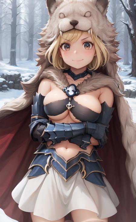 masterpiece, best quality, absurdres, illustration, 8k, perfect shadows, blush, skindentation,  hdr, ambiente lighting, cowboy shot, (shiny skin:1.2) perfect eyes, perfect face, (cute:1.1), eyelashes, lineart
gao, 1girl, pelt, djeeta (granblue fantasy), solo, breasts, skirt, armor , brown eyes, light smile, fang, fur-trimmed, gloves, crossed arms, closed mouth, smug expression
forest, outdoors, winter snow