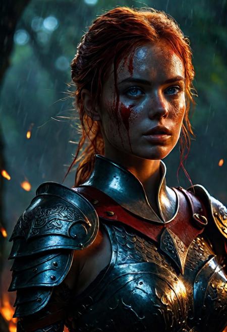 Ultra detailed digital art masterpiece Warrior girl dressed in a iron Armor and red mini skirt, Standing on a battlefield at the head of an army of knights, where a bloody slaughter is taking place, standing in battle pose, a dark epic fantasy, perfect lighting, beautiful Sadie Sink as Warrior girl, attractive woman, elegant, beautiful woman of athletic body,  shot of the whole Warrior girl, unreal engine 5 nanite quality, dark fantasy, dark environment, very stormy day, LOTR style, dark washed out eyeliner, no make up, natural bloody pale face, realistic blue eyes, ultra detailed atmospheric details, beautiful glowing effects, sparkle effects, realistic body proportions, beautiful face proportions, complex masterpiece, wavy red hair, creative glowing detailed tattoos, complex physics, enhanced colors, complimentary colors, ultra detailed raytracing reflections, Ultra detailed complex background, environment feels alive, direct eye contact, dramatic lighting, wet and sweaty skin, beautiful firm Breasts, Daylight, Concept art by Greg Rutkowski, adding to the intense and dynamic atmosphere of the scene.