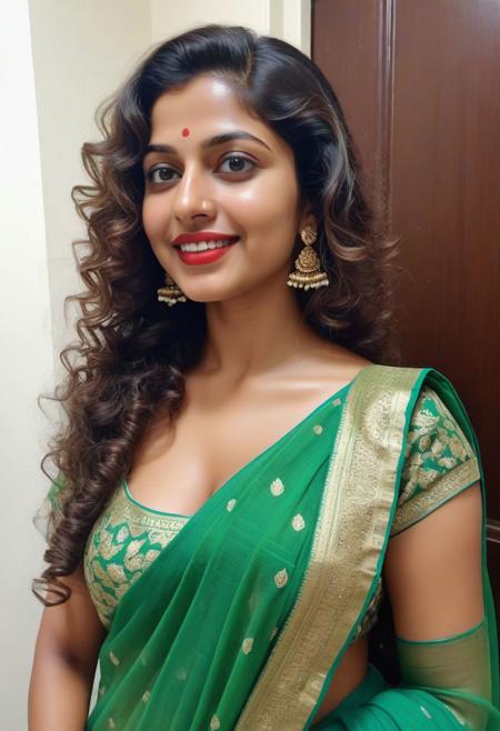 high angle selfie photo, realistic, ((realistic skin tones, film grain, intricate details, naturalism, hyperdetailed, hyperrealistic)) cute Indian girl, 25 years old, long curly long hair, Indian gold jewel, white skin, sweat, wet hair, wet body, wearing green saree only, side view, full body view, very sweaty body, selfie side view, full body view from selfie, slim body but big boobs, thin body, showing very busty boobs cleavage, visible breast, side view, standing and showing her ass in home doorway, night time, eyes open, wet red lipstick, brown eyes, kajal mascara, dimple, smile,