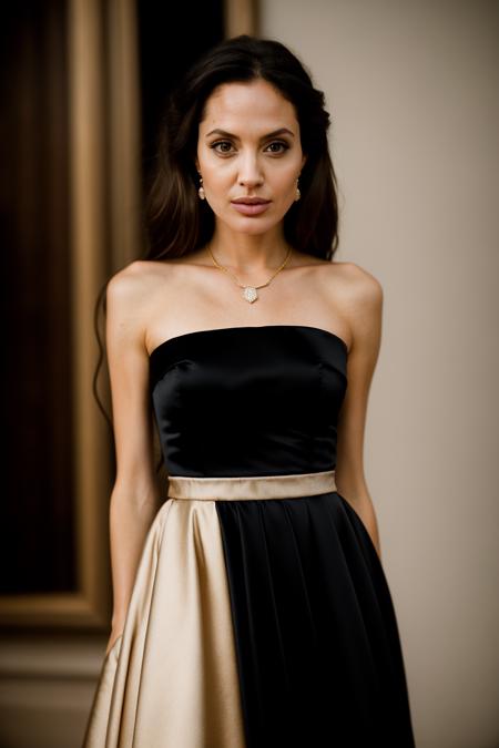 Realistic photo of a beautiful 4ng3l1n4j-v2 woman,  long hair, looking at viewer, multiple girls, brown hair, dress, 2girls, bare shoulders, jewelry, earrings, solo focus, blurry, black dress, lips, hand on hip, strapless, depth of field, blurry background, strapless dress, realistic, soft lighting, professional Photography, Photorealistic, detailed, RAW, analog, sharp focus, 8k, HD, DSLR, high quality, Fujifilm XT3, film grain, award winning, masterpiece<lora:4ng3l1n4j-v2:1.0><lora:4ng3l1n4j-v2:1.0>