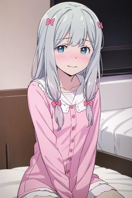 best quality, (masterpiece:1.2), highly detailed,
indoors, bedroom, on bed,
 <lora:chara_Eromanga-sensei_IzumiSagiri_v2:0.8>, izumi sagiri,
1girl, solo, sitting, upper body, from front, looking at the viewer, wavy mouth, nose blush, slight smile,
grey hair, long hair, multicolored hair, blue eyes,
pink pajamas