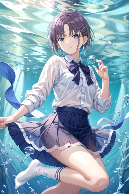 <lora:ToruAsakura-05:0.7>,asakura toru, 1girl, solo, looking at viewer, short hair, skirt, shirt, hair ornament, ribbon, jewelry, hair ribbon, white shirt, earrings, socks, hairclip, blue skirt, see-through, sunlight, bubble, underwater, air bubble