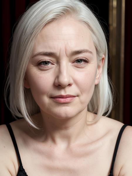 highly detailed photo, realistic, absurdres, highly detailed skin, photorealistic, highres, white hair, pale skin, white, fair complexion, mature woman, english, chubby, portrait photo, wrinkled skin,