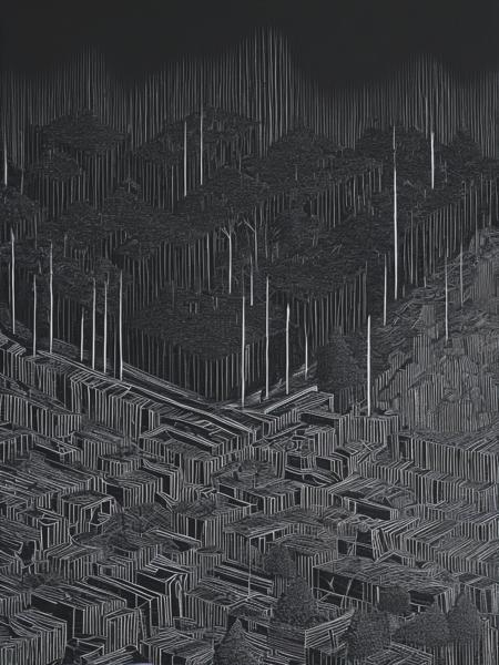 <lyco:StanleyDonwood:1.0> isometric dystopian landscape in the style of stanley donwood