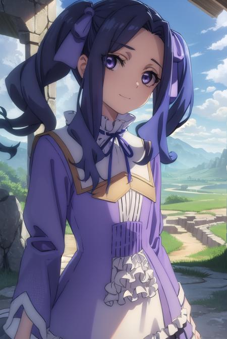 meltyqmelromarc, <lora:melty q melromarc s3-lora-nochekaiser:1>,
melty q melromarc, long hair, ribbon, twintails, blue hair, (purple eyes:1.1), hair ribbon, purple ribbon, (parted bangs:1.5), smile,
BREAK long sleeves, dress, frills, ribbon trim, purple dress,
BREAK outdoors, forest, nature, sun, sky, trees, clouds, grass,
BREAK looking at viewer, (cowboy shot:1.5),
BREAK <lyco:GoodHands-beta2:1>, (masterpiece:1.2), best quality, high resolution, unity 8k wallpaper, (illustration:0.8), (beautiful detailed eyes:1.6), extremely detailed face, perfect lighting, extremely detailed CG, (perfect hands, perfect anatomy),