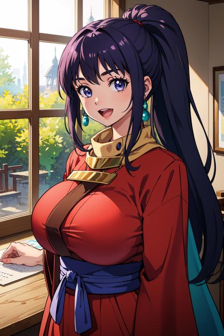 masterpiece, best quality, kukuru, earrings, red kimono, huge breasts, green scarf, red pants, upper body, :D, looking at viewer, indoors <lora:kukuru-nvwls-v1-000010:0.9>