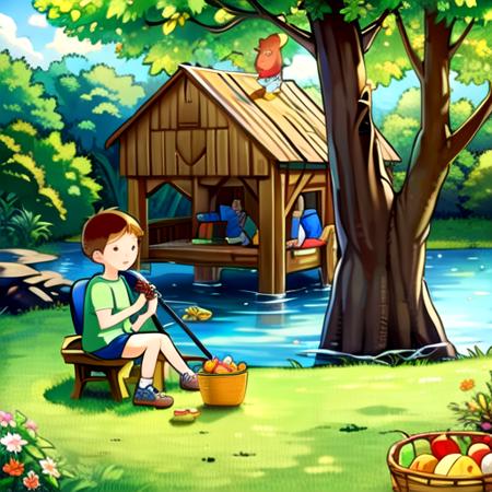 (masterpiece:1.2), best quality, masterpiece, highres, original, extremely detailed wallpaper, perfect lighting,(extremely detailed CG:1.2), drawing,1girl, against tree, apple, basket, bench, bird, bridge, brown hair, bug, bunny, bush, butterfly net, christmas tree, cloud, clover, dandelion, dappled sunlight, day, deer, dirt, fence, field, fireflies, flower field, foliage, food, forest, four-leaf clover, fruit, garden, grass, hammock, hand net, hiding, hill, hose, house, in tree, jungle, ladybug, lake, log, moss, mountain, multiple boys, mushroom, nature, on grass, on ground, open mouth, orange \(fruit\), outdoors, park, park bench, path, picnic, picnic basket, pine tree, plant, pond, river, road, shade, shirt, sitting in tree, sky, sleeping, squirrel, stream, striped, striped shirt, tent, tomato, tree, tree shade, tree stump, umbrella, under tree, wading pool, waterfall, wooden fence, <lora:picture_book:0.6>