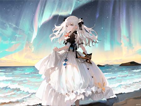 ariah2063338, 1girl, outdoors, from side,standing, looking at viewer,hair bow, wedding dress, night, night sky,aurora, white hair , ocean,wave,mountain,  star \(sky\),