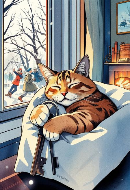 Paint a serene yet dynamic watercolor scene in the Flux art style, where a sleeping cat is *fully nestled within a keys in a keychain*. The cat’s body, rendered in soft, cat color brown with a little orange and a little white with a black M in his forehead, in a soft pillow near to a house window, inside an apartment with a fireplace warm, outside a heavy snowfall a a group of desesperate people  in coats freezing hitting on the window trying to get the cat's attention