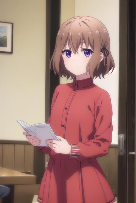 mafuyu hoshikawa, short hair, bangs, brown hair, ribbon, (purple eyes:1.1), hair ribbon, black ribbon, long sleeves, dress, pantyhose, black pantyhose, brown footwear, black pants, red dress, skirt, shirt, thighhighs, gloves, short sleeves, pleated skirt, puffy sleeves, white gloves, apron, white thighhighs, puffy short sleeves, zettai ryouiki, waist apron, white apron, waitress, (yellow skirt:1.2), (yellow shirt:1.2), head scarf,