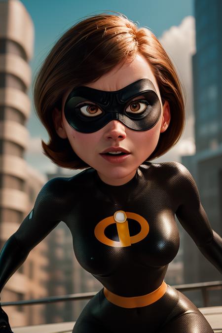 <lora:HelenV2:0.6>helenparr,1girl, solo, short hair, brown hair, brown eyes, mask, domino mask (masterpiece:1.2), (best quality), (ultra detailed), (8k, 4k, intricate),(full-body-shot:1), (highly detailed:1.2),(detailed face:1.2), (detailed background),detailed landscape, (dynamic angle:1.2), (dynamic pose:1.2),