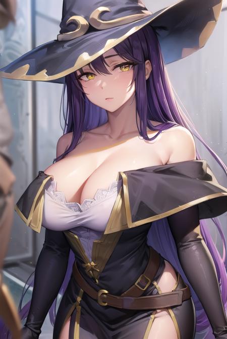 witch, <lyco:witch-lyco-nochekaiser:1>,
witch, long hair, purple hair, (yellow eyes:1.5),
BREAK thighhighs, gloves, hat, dress, cleavage, bare shoulders, elbow gloves, witch hat, (pelvic curtain:1.2), purple thighhighs,
BREAK indoors,
BREAK looking at viewer, (cowboy shot:1.5),
BREAK <lyco:GoodHands-beta2:1>, (masterpiece:1.2), best quality, high resolution, unity 8k wallpaper, (illustration:0.8), (beautiful detailed eyes:1.6), extremely detailed face, perfect lighting, extremely detailed CG, (perfect hands, perfect anatomy),