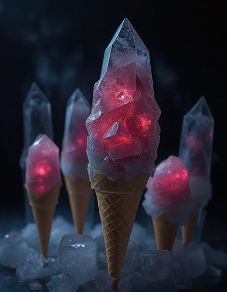 A cone of ice cream where each scoop is made of glowing crystal. The ice cream flows like liquid light, and the cone is crystallized, with sharp edges and geometric patterns. The scene is illuminated by a radiant, gem-like glow. <lora:SoulGemmed:1>