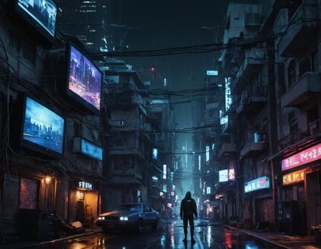<lora:r0k00g00th:1>,r0k00g00th,r0kur3&l1tyHD. cyberpunk art,, a city street with a tv on a wire above it and a lot of buildings in the background at night [2]