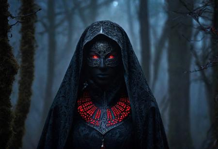 A shadowy figure, veiled in ethereal mist, with piercing crimson eyes and flowing ebony hair, embodies a haunting presence of unknown origins in this dark fantasy image. The spectral beauty is intensified by the eerie glow emanating from the figure, creating an atmosphere of supernatural dread. This carefully crafted painting captures every intricate detail, from the intricate patterns adorning the figure's mysterious robes to the subtle hints of otherworldly power in their posture. The high-quality workmanship and vivid imagery truly bring this enigmatic scene to life.