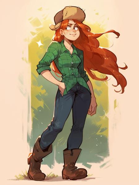 wendyc, 1girl, solo, long hair, orange hair, hat, shirt, pants, freckles, boots