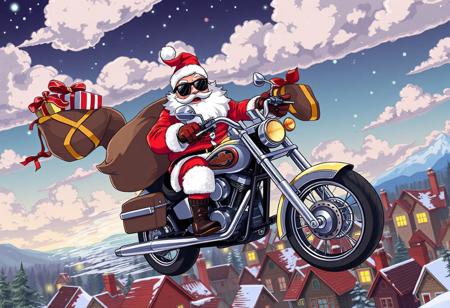 anime style, Santa claus in a flying harley davidson motorcycle with a red leather jacket and black sunglasses with a giant bag with gifts , flying over a town throwing gifts down the chimneys of the houses, clouds