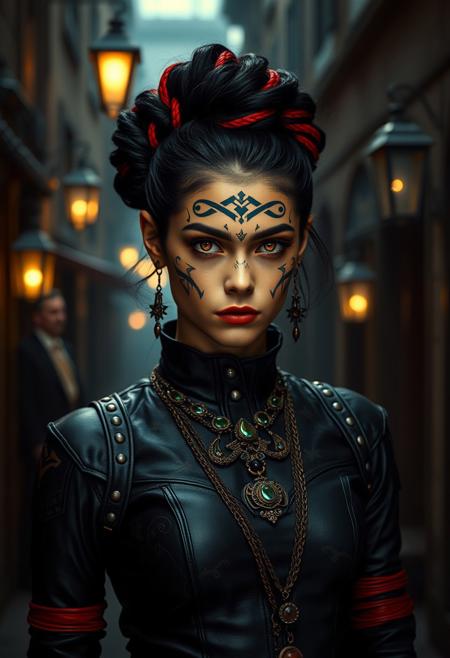 The image portrays a striking young woman with a commanding presence, standing in a dimly lit, atmospheric urban setting. Her dark hair is styled in an intricate updo with woven red accents, creating a dramatic contrast. Her face is adorned with ornate tattoos and tribal-like designs that radiate from her forehead and cheeks, emphasizing her enigmatic aura. She wears a high-neck leather outfit with intricate patterns, complemented by layered, antique jewelry featuring bold gemstones. Her piercing golden eyes convey intensity and mystery, while her surroundings—a shadowy, narrow street lined with weathered architecture and faint lantern light—enhance the scene's moody, steampunk-inspired aesthetic.