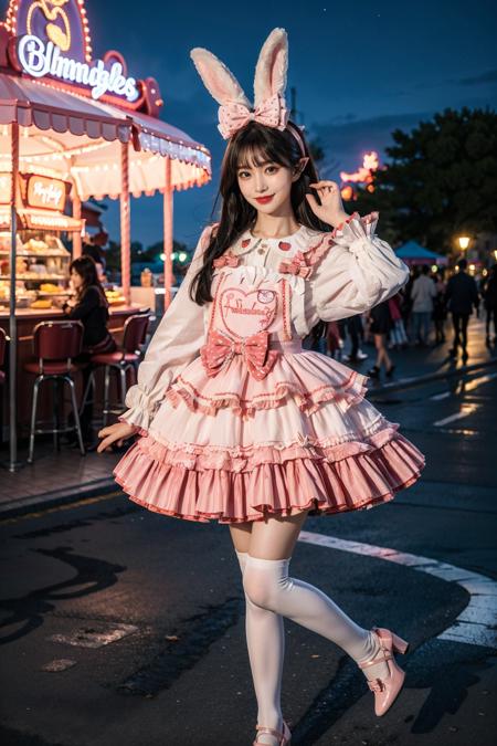 best quality, masterpiece, photorealistic, 1girl, solo, full body, black hair, straight hair, blunt bangs, looking at viewer, smile, cyb dress, frilled dress, layered dress, long sleeves, rabbit ears, hair bow, white thighhighs, pink high heels, amusement park, night, night sky, people, dramatic lighting, colorful, <lora:sweet_attire_style2_v1:0.7>