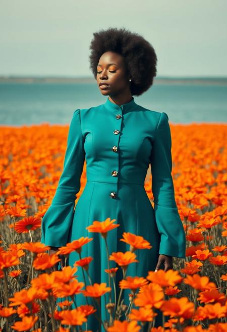 an image of a black woman standing in a crowded field of vibrant orange flowers in large quantity, with a serene teal water and teal sky in the background. woman is wearing an elegant teal dress with a row of decorative buttons aligned down the center, full sleeve long dress. hair is styled in a voluminous afro, adding a striking silhouette against the tranquil backdrop.  She's wearing orange eyeshadows, eyes are closed.  There are same matching shade of orange flowers in front of her, as tall as her stature.