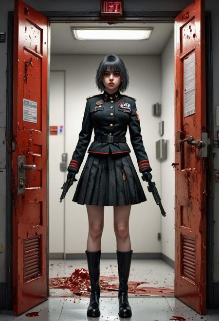 <lora:md2034:0.5> triggering, blood splatter, dystopian
poster_\(medium\),  Intense looking but cute, adorable, and attractive gothgirl, wearing an old looking black militaristic uniform, her skirt lifts as she kicks a metal door, the metal door bends where it was kicked,   with an expansive cityscape in the far distant background, ((above her is an 'it's a glorious future' type emblem)),  (simple_background:1.3), symmetry,(no_humans:1.3),, (masterpiece:1.3), (best_quality:1.3), (ultra_detailed:1.3), 8k, extremely_clear, realism, (ultrarealistic:1.3),, insane details, intricate details, hyperdetailed, ultra detailed, extreme detailed, highest detailed, high_detail, epic, attention getting, hdr, photorealistic, highres, ultra_high_res, photography, aesthetic, extremely_delicate, ng_deepnegative_v1_75t, Ellis-RealismBoost, epiCRealism