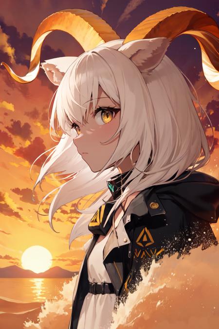 upper body, from side, goat horns, goat ears, yellow eyes, infection monitor \(arknights\), halterneck, white dress, black coat, white hair, floating hair, distorted air, looking at viewer, 
BREAK desert, red sun, sunset, gold particles
 <lora:beeswaxBASE:1>