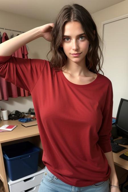 too cute to be true, 18 years old,  close-up, messy hair, (nip slip:0.2), baggy clothes, red tshirt,  armpit,, full body, natural, no makeup, looking at viewer, finger on her lips, very saggy breasts, with her lovely black cat, messy students room, guitar,