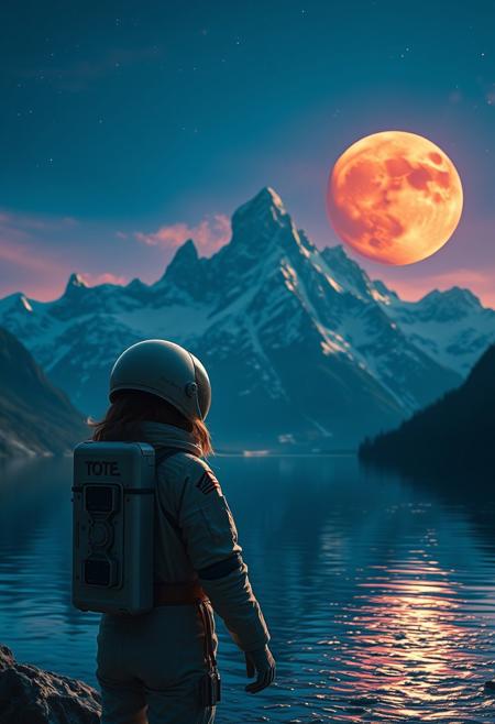 A low angle realistic shot of a lonely women astronaut gazing at a serene mountain lake. The massive, crimson jupiter planet hangs low in the sky. The peaks of the snow-capped mountains rise up like jagged teeth, silhouetted against the vibrant sky. The air is thick adding to the otherworldly atmosphere. The piece is inspired by Thomas Cole and features dramatic lighting, vibrant colors, a focus on the moon and mountains, textured water, and a soft focus.