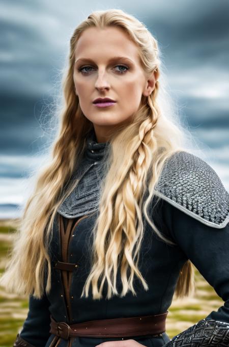 Professional photograph of mndngwmn, she has long blonde hair, messy hair, combed to the sides of her head, she's standing in a nordic village, ancient times, norse viking times, smirk, wearing chainmail, eyeliner, black eyeliner, wearing ancient nordic outfit, grinning. cloudy sky, storm in the background, photorealistic, 4k, 8k, masterpiece, by bokeh, absurdres, highest quality <lora:mondongo_LoRA_GeorgiaHirst:0.8>
