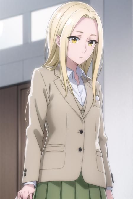 rioamakusa, <lora:rio amakusa s1-lora-nochekaiser:1>,
rio amakusa, long hair, blonde hair, (yellow eyes:1.2), (forehead:1.2),
BREAK skirt, shirt, long sleeves, school uniform, jacket, white shirt, pleated skirt, socks, miniskirt, blazer, cardigan, green skirt,
BREAK indoors, classroom,
BREAK looking at viewer, (cowboy shot:1.5),
BREAK <lyco:GoodHands-beta2:1>, (masterpiece:1.2), best quality, high resolution, unity 8k wallpaper, (illustration:0.8), (beautiful detailed eyes:1.6), extremely detailed face, perfect lighting, extremely detailed CG, (perfect hands, perfect anatomy),