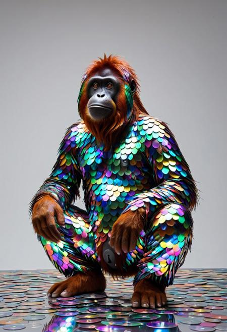 A surreal orangutan entirely made of compact discs, its body constructed from intricately layered CDs reflecting iridescent rainbow colors, metallic textures resembling fur, expressive eyes crafted from discs, sitting in a minimalist futuristic environment, dramatic lighting, hyper detailed, photorealistic textures, vibrant and artistic composition, made of cd's
