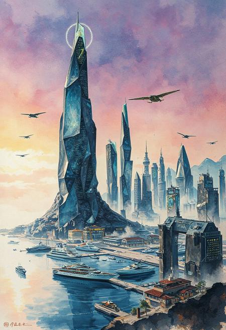 A futuristic coastal megacity blooms across a vast rice paper canvas, etched with volatile ink strokes and diffused watercolor halos. Towering arcologies—semi-organic, pulse-lit spires—jut skyward in fractured symmetry, their glass exoskeletons veined with bioluminescent circuitry. Aerial hover-ferries and manta-like cargo crafts drift over a harbor of levitating superyachts, their hulls reflecting shades of oxidized copper and deep obsidian. The sky gradients from starlight violet to soft chrome, bleeding into the textured fibers like breath on silk. Imagine a fusion of Hokusai’s tempestuous brushwork with Syd Mead’s techno-barocco structures—chaos and grace unified. Energy lines ripple beneath the city like fault lines of light, illuminating rooftops with internal warmth. Painterly gestures suggest motion and entropy, while soft lighting reveals a metropolis alive with coded rhythm.