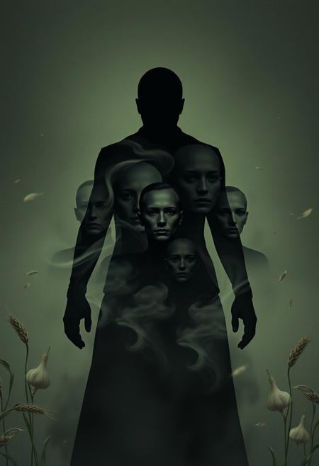 A haunting and surreal double exposure composition merges unsettling beauty with conceptual depth. In the center, a faceless humanoid silhouette looms — rendered in stark 3D shadow, its contours smooth and geometrically elegant. Within its form, swirling wisps of fog and motion blur suggest movement and presence, like a ghost caught mid-stride. Behind and within the figure, a series of minimal, vector-like facial features and body outlines — reminiscent of Julian Opie's clean-line aesthetic — pulse with subtle digital glow. This contrast of simplified modern portraiture against eerie, immersive textures forms a complex, layered interplay of light and shadow. The atmospheric background, slightly rustic with scattered wheat stalks, garlic bulbs, fluttering leaves, and an undertone of red heart symbolism, evokes a folkloric warning, blending earthy fears with digital innovation. It feels both ancient and ultramodern — a poetic nightmare sculpted in pixels.