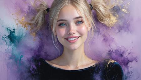 Oil painting rendered in ethereal pastels, hyper-close Dutch tilt framing: a cherubic blonde woman leans forward, messy pigtails cascading over blunt bangs, stray golden strands backlit like filaments. Thick pink lips part in a blushing smirk, cyan-blue eyes locking the viewer under brows veiled by hair. Matte black velvet dress dissolves into swirling indigo ink blooms, pooling at her collarbone. Palette: crushed lavender blush, powdered sugar highlights, inky voids. Makoto Fujimura-inspired nihonga marbling meets Klimt-esque gilt textures. Diffused studio light fractures through airborne ink droplets—innocence laced with liquid chaos.