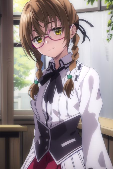 aikakiryuu, <lora:aika kiryuu anime s2-lora-nochekaiser:1>,
aika kiryuu, long hair, brown hair, (green eyes:1.5), braid, glasses, twin braids, smile,
BREAK shirt, ribbon, school uniform, white shirt, black ribbon, neck ribbon, capelet, black capelet, long sleeves, skirt, red skirt,
BREAK indoors, classroom,
BREAK looking at viewer, (cowboy shot:1.5),
BREAK <lyco:GoodHands-beta2:1>, (masterpiece:1.2), best quality, high resolution, unity 8k wallpaper, (illustration:0.8), (beautiful detailed eyes:1.6), extremely detailed face, perfect lighting, extremely detailed CG, (perfect hands, perfect anatomy),