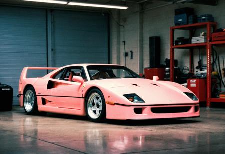 analog film photo (Sportscar, pastel Ferrari F40, front view, indoors garage, neon lights, night), (film grain:1.5) . faded film, desaturated, 35mm photo, grainy, vignette, vintage, Kodachrome, Lomography, stained, highly detailed, found footage