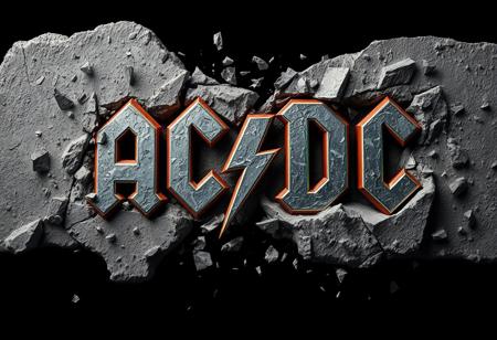 A striking depiction of the AC/DC logo forcefully pierced into a rugged wall of concrete. The letters and lightning bolt are deeply carved, and the scene is enhanced by metallic shards embedded around the logo, as if pieces of steel were shattered upon impact. Fragments of metal and concrete scatter across the surface, reflecting light with a sharp, industrial gleam. The gritty texture of the concrete is contrasted with the shiny, jagged metal particulars, while vibrant rainbow colors streak across the scene. The entire composition is set against a solid black background, intensifying the contrast and making the colors and details stand out vividly