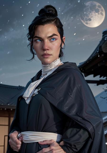 (1girl, mizuOC :1), cute, (1girl, blue eyes, black hair, blue japanese clothes, white scarf, cape:1.2), looking at viewer, (from below:1), (curvy), angry, sexy,
(detailed background, dark temple, japanese architecture, river, mountain:1), (cowboy shot:1), dynamic pose, (night, moonlight:1.2),
(masterpiece:1.2), (best quality, highest quality), (ultra detailed), (8k, 4k, intricate), (50mm),
<lora:MizuBESamurai_character-08:1>