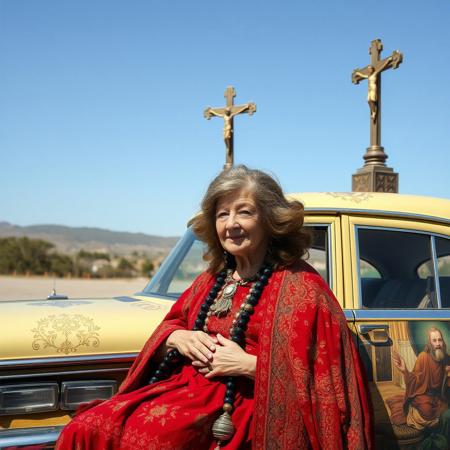 A Fringe Religious leader, She looks like an old (very, very elderly) decrepit movie star from the 1930's that should have faded into obscurity, Mu-Mu's, huge brown wigs, eyelashes you could cut frozen meat with, and a gallon of mascara every three hours. And the jewelry! She is driven around in a immense private car from the 70's with a massive fiberglass crucifix on the top, and scenes from her made up 'religion' on the side of the car. I'm not sure that she isn't a he...