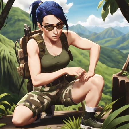 arcane, caitlyn, blue hair, 1girl, solo, ponytail, sunglasses, bangs, crouched in jungle, wearing camo fatigues, military camo, sunny,  hills, mountains in background, black sunglasses  <lora:caitlyn-v2:0.75>