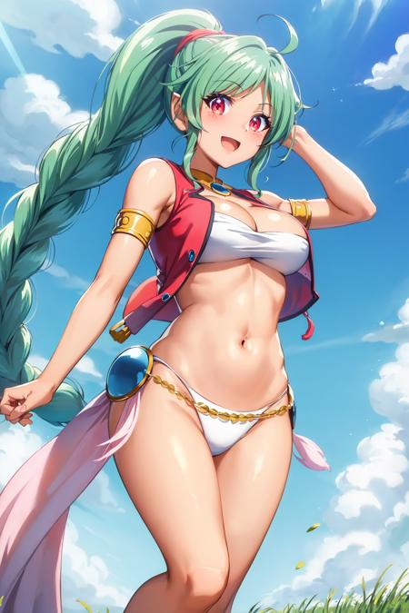 masterpiece, best quality, 1girl, <lora:Ruru_PhantomWorld:0.8>, ruru (phantom world), red vest, cleavage, large breasts, looking at viewer, :d, grass, blue sky,